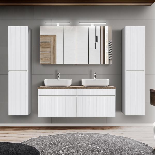 Badmöbel Komplett Set in weiß matt mit Vintage Eiche Nb. IRAKLIO-56 Doppelwaschtisch mit 2 Keramik Waschbecken, 2 LED-Spiegelschränke und 2 Hochschränke, B/H/T: ca. 230/200/46 cm