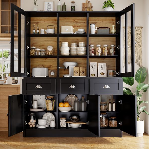 Hochschrank H 175 x T 38.5 x B 140 cm – schwarzer Acryl-MDF Schrank mit verstellbaren Einlegeböden und Anti-Kipp-Schutz