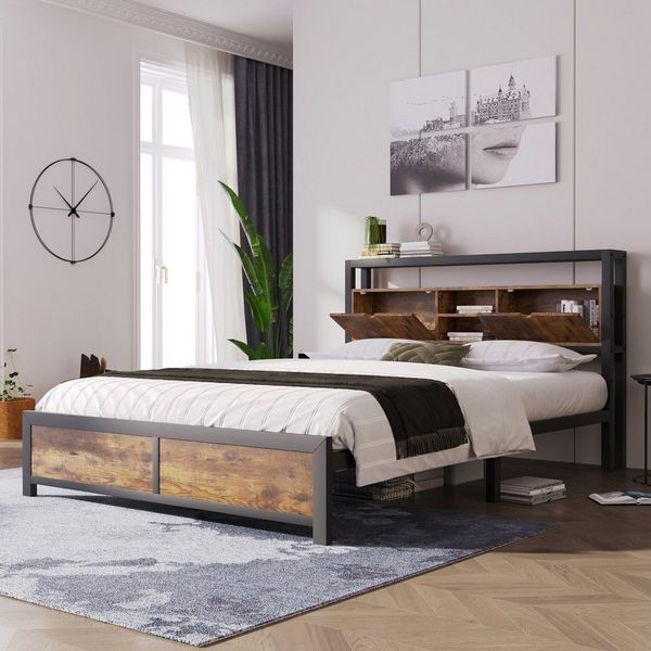 Flieks Metallbett, Doppelbett mit Stauraumfach 140x200cm Eisen Bettgestell