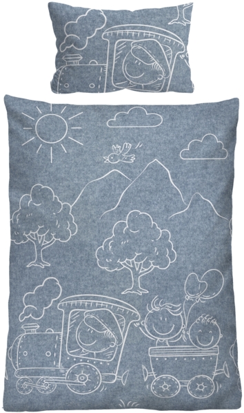 biberna Melange-Flanell Bettwäsche 0840521 LOKOMOTIVE, blau, 1x 100x135 cm + 1x 40x60 cm