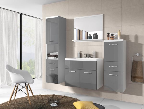 welltime Badmöbel-Set ELDA, (Komplett-Set, 5-St), Waschtisch inkl. Waschbecken, Hochschrank, Badschrank und Spiegel