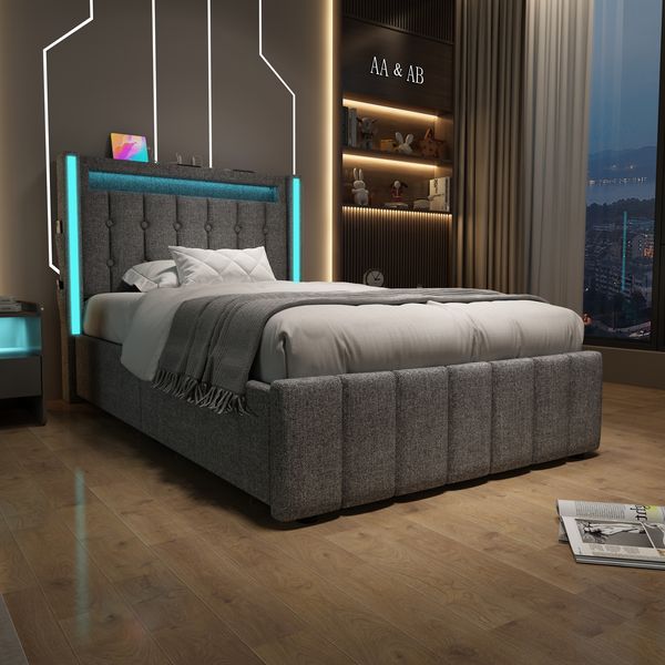 Polsterbett 90×200 cm aus Leinen-Stoff mit LED-Beleuchtung, 2 Schubladen und Matratze, grau