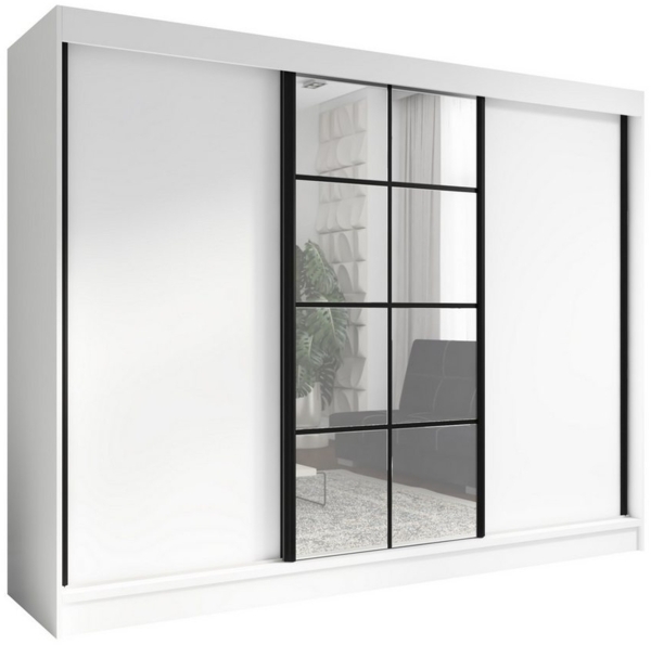 A&J MöbelLand GmbH Schwebetürenschrank ORAVELLE 3-türiger Kleiderschrank mit Spiegel, 4 Schubladen (Kostenlose Lieferung – nur für kurze Zeit! TOP ANGEBOT! Geräumiger Schrank mit einer Breite von 200 cm und Spiegel, ideal zur Aufbewahrung von Kleidung ...