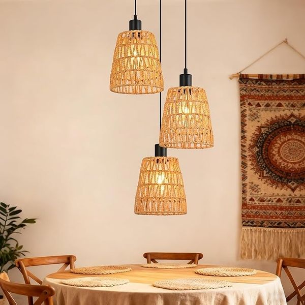 ZMH Hängelampe Boho Rattan 3 Flammig Vintage Geflochten Hanfseil E27 Ohne Leuchtmittel Für Esszimmer Schlafzimmer