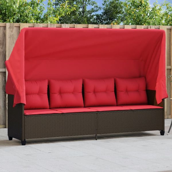Sonnenliege, Gartenliege mit Dach und Kissen Braun Poly Rattan