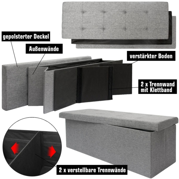 Faltbare Sitzbank 110x38x38cm Sitztruhe inkl. 2 Trennwände 120L Polsterbank Grau Bild 3