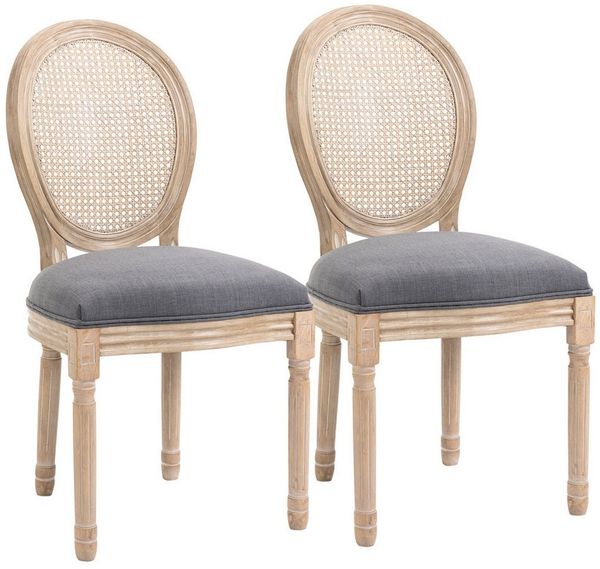 HOMCOM Esszimmerstuhl Küchenstuhl mit Rattan-Rückenlehne, Leinenoptik (Gepolsterter Polsterstuhl, 2 St), für Wohnzimmer, Esszimmer, Grau