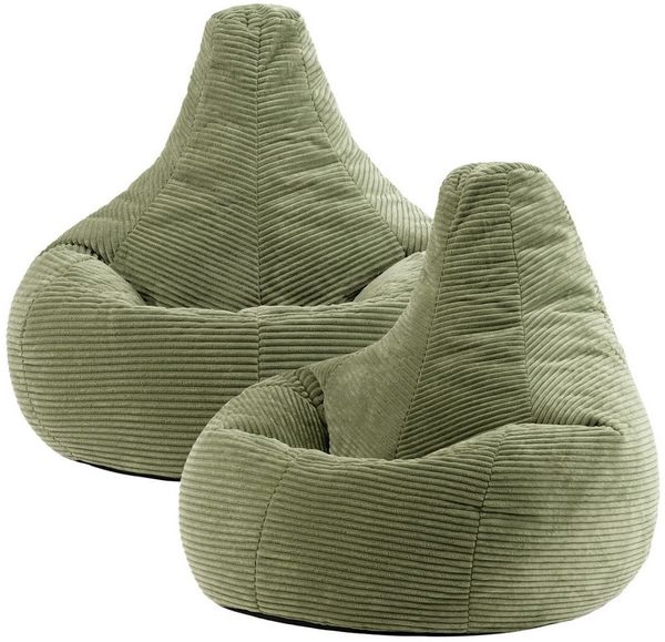 Icon Dalton Sitzsack Cord, Salbeigrün, 2er-Pack, Gaming Sitzsack Erwachsene mit Füllung, Bean Bag, Cord Sessel, Lounge Sessel, Lounge Stuhl, Schlafzimmer, Wohnzimmer, Wohnzimmer Möbel