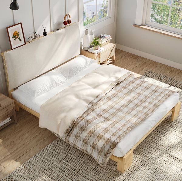 Polsterbett 140x200 cm mit gepolsterter Rückenlehne und Lattenrost – Natur, Einzelbett/Kinderbett