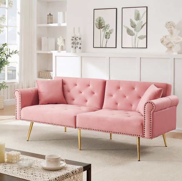 Schlafsofa 173x75x70 cm mit Samtbezug, verstellbarer Rückenlehne und vergoldeten Metallfüßen in Rosa