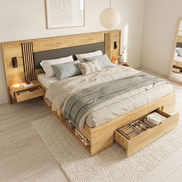 Doppelbett 180*200cm, Stauraumbett, holzbett, Jugendbett, mit Leselampe, mit 2 Nachttische, mit Schubladen, Naturfarbe