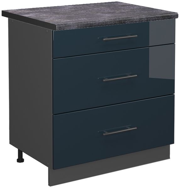 Küchenunterschrank Fame-Line Dunkelblau Hochglanz 80 cm mit 3 Schubladen, AP Anthrazit Vicco