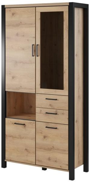 Wohnzimmer Vitrinenschrank ACCRA-83 in Taurus Eiche Nb. und schwarzem Gestell, B/H/T: ca. 100/200/41 cm