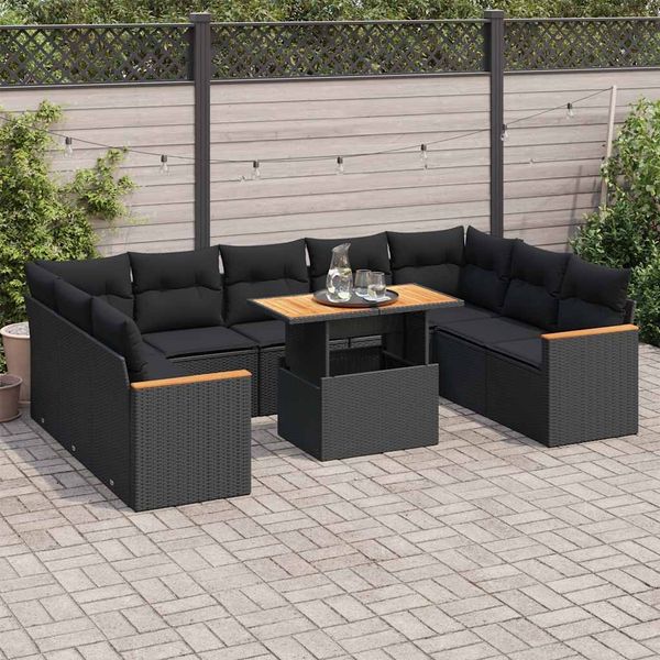 vidaXL 10-tlg. Garten-Sofagarnitur mit Kissen Schwarz Poly Rattan 3327527