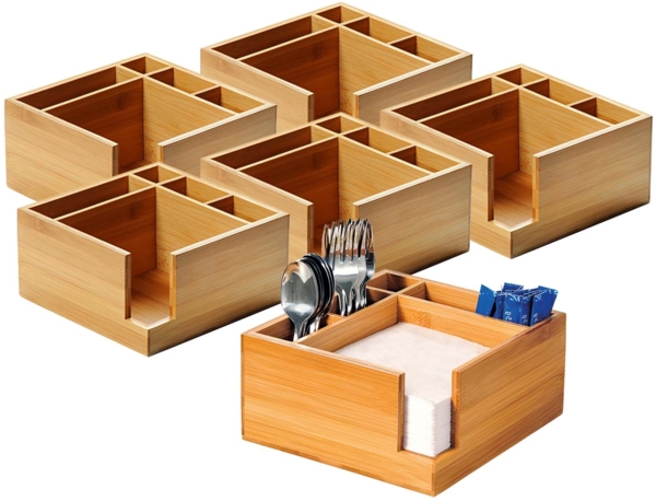 6 Stück Besteckkasten mit Serviettenspender - Bambus, 18 x 18cm