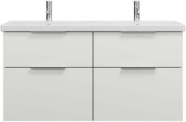 Burgbad EQIO Waschbecken mit Unterschrank 123 cm breit, Weiß Hochglanz, Doppelwaschbecken Keramik Weiß, 4 Schubladen
