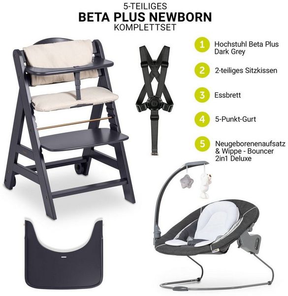 Hauck Hochstuhl Beta Plus Dark Grey - Newborn Set Deluxe, Holz Babystuhl ab Geburt, Aufsatz für Neugeborene, Sitzkissen, Tisch