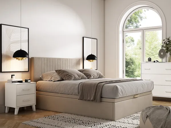 Vente-unique - CENOVAS Lattenrost und Bettrahmen Holz, PlatteStoff Beige - B 160,8 cm x H 35,2 cm x L 201 cm