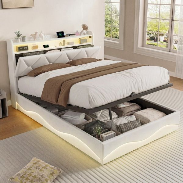 PXloue Polsterbett LED Doppelbett, Bettkasten, Ladefunktion, Samt, 140x200 cm