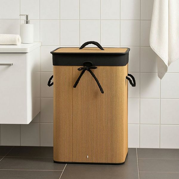 Koopman Wäschekorb Wäschebehälter Wäschesammler Korb Bambus Faltkorb Badezimmer (1 St), Braun / Schwarz, Faltbar, 60x40x30cm, mit Deckel, Dekorativ