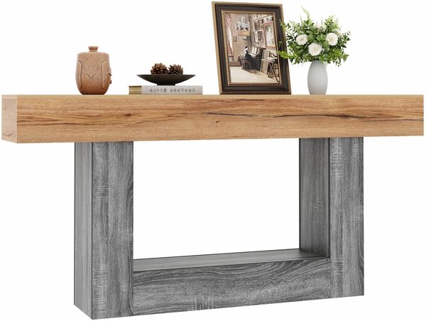Zweifarbige Konsole mit Holzoptik, Konsolentisch für Flur/Wohnzimmer, dicke Tischplatte, unteres Ablagefach, Spanplattenmaterial