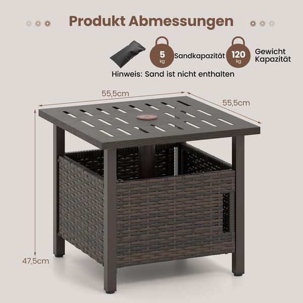 Outdoor Rattan Beistelltisch Wetterfester Gartentisch mit Schirmloch kleiner Balkontisch