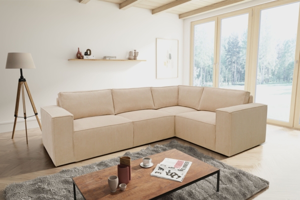 DOMO. collection Ecksofa 100017, Couch in L-Form mit Rückenkissen und Armlehnen, Sofa, Polsterecke, Eckcouch, Polsterganitur 217 x 197 x 84 cm (BxTxH), creme