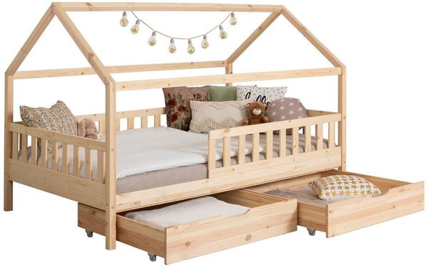 Ticaa Hausbett Kay mit Rausfallschutz und Schubkasten aus Kiefer, Kinderbett 140x200, inkl. Dach, mit Rollrost, mit Matratze