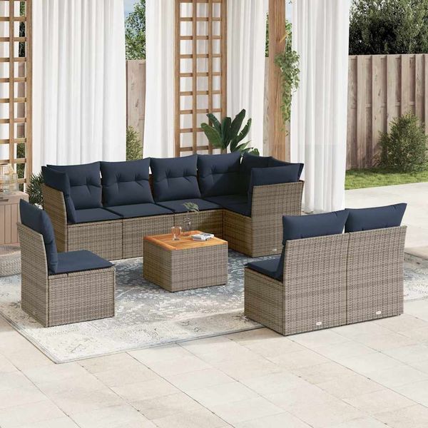 vidaXL 9-tlg. Garten-Sofagarnitur mit Kissen Grau Poly Rattan 3256019