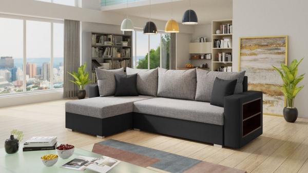 Ecksofa Lord mit Regal und Schlaffunktion - Sofa mit Bettkasten, Schlafsofa, Polsterecke, Couch L-Form, Couchgarnitur, Sofagarnitur (Schwarz + Grau (Dolaro 08 + Berlin 01), Ecksofa Links)