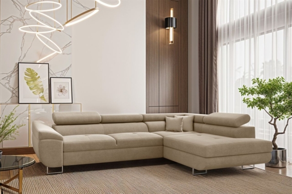 Ecksofa Schlafsofa Sofa CARMELO in Stoff Nova Beige Ottomane Rechts