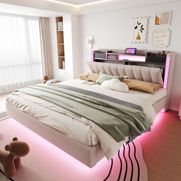 Polsterbett 160x200cm mit LED-Beleuchtung und USB-Steckdose, Kopfteil mit Stauraum, Schwebebett Jugendbett Erwachsenenbett, Leinenstoff, Beige