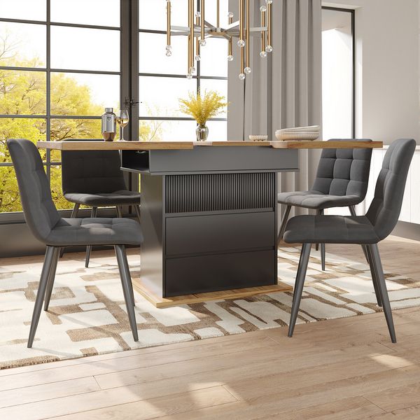 Esstisch 110-140 x 80 x 75 cm, ausziehbar, MDF in Schwarz/Natur mit Stauraum und Soft-Close-Klappfunktion