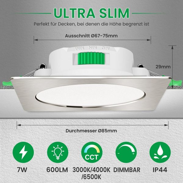 ALUSSO LED Einbaustrahler 6er-Set, 7W Decken Leuchte, 68mm Flach Strahler Dimmbar Spot, Helligkeit von 10 % bis 100 %, Quadrat, Nickel