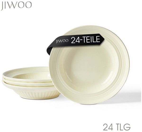 JIWOO Suppenteller 4er Ø20,3 cm, Speiseteller Pastateller Salatteller Dessertteller Plate, (24 St), Keramik Plate Hochwertige Tellerset Weiß mikrowellen spülmaschinenfest