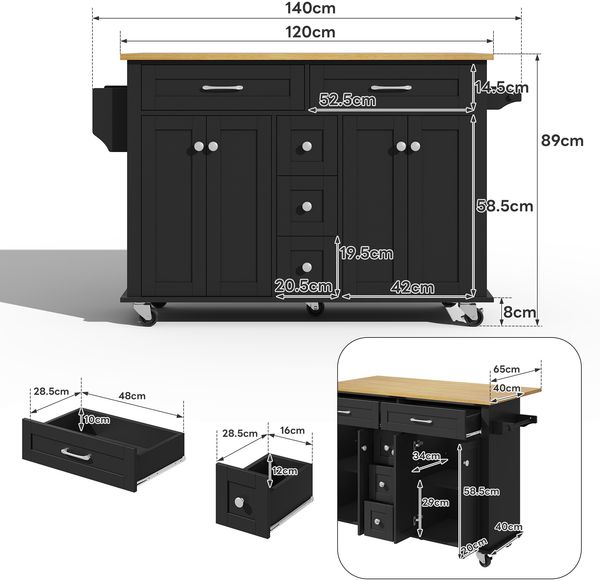Kommode 140x40/65x89 cm, erweiterbar mit 5 Schubladen, Schränken und Rollen, Black+Natural Bild 4