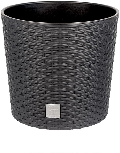 BigDean Blumentopf 25cm - Rattan-Optik - Anthrazit - Pflanzkübel mit Einsatz - Rattan-Blumentopf Pflanztopf rund - In / Outdoor - Höhe 22,5 cm