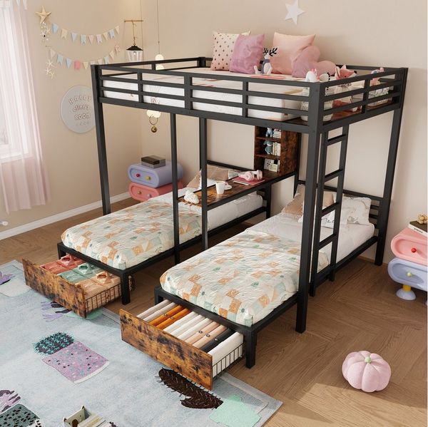 Ulife Etagenbett Metallbett Dreierbett 90/140x200cm mit Staufächern und 2 Schubladen (Ohne Matratze), Kinderbett, Jugendbett, 3 Betten, mit Seitengittern, Regalen