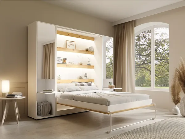 Vente-unique - RAPILI Bett Holz, Platte BeigeWeiß - B 50 cm239,2 cm x H 225,2 cm x L 259 cm