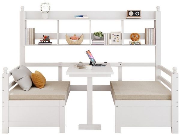 Odikalo Massivholzbett Gästebett Schlafsofa 2-in-1 Schreibtisch Bücherregal Weiß/Grau200x90