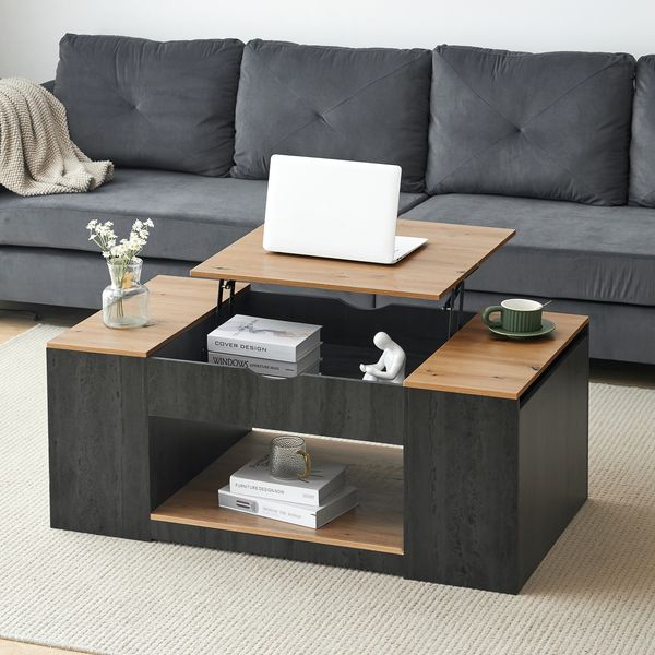 Merax Couchtisch mit Liftfunktion - 109.5cm, stilvolles Design, Stauraum unter der Tischplatte, grau