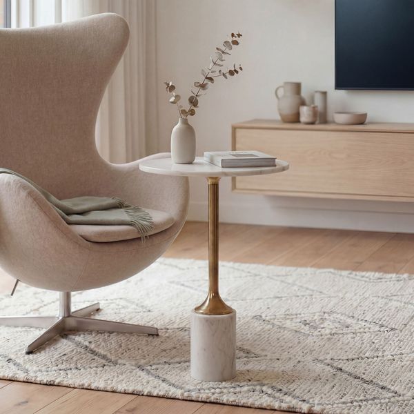 FINEBUY Beistelltisch FB116637 Sofatisch Marmor Wohnzimmertisch 37cm Couchtisch Handmade (Filigraner Loungetisch mit edlem Marmorfuß), Goldfarbenes Gestell aus robustem Aluminium