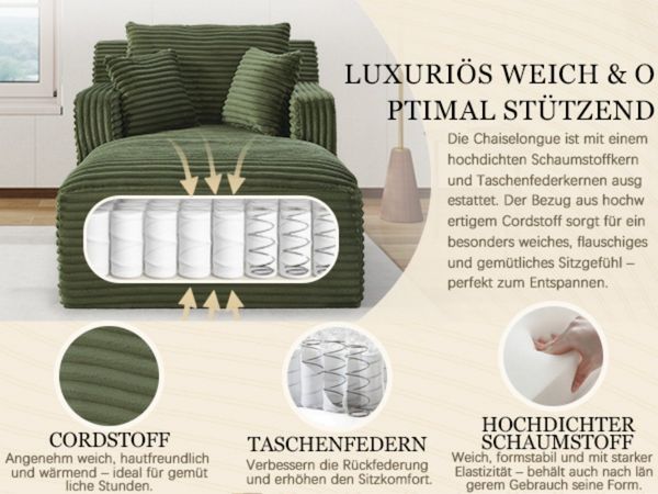 BlingBin Loungesofa Modernes Chaiselongue Sofa Chaiselongue-Sofa aus Cord, ohne Montage mit Taschenfederkern & Schaumstoffpolsterung 1 Teile, stilvolles 1-Sitzer-Liegesofa für Wohnzimmer, Büro oder Apartment