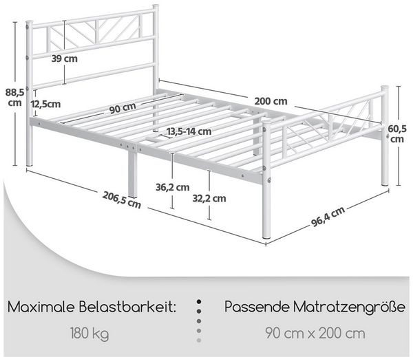Yaheetech Metallbett Bettgestell 90x190/90x200/140x200cm, Minimalistischer Bettrahmen mit Kopfteil Gästebett mit Lattenrost Bild 3