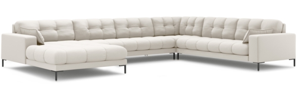 Micadoni Wohnlandschaft Mamaia 7-Sitzer Rechts Strukturierter Stoff Neve Helles Beige schwarze Beine