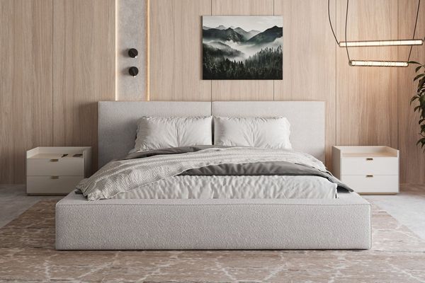 MOEBLO Polsterbett aus Bouclé Bett 06 (Bezug: Boucle, Doppelbett mit Kopfstütze, Rahmenbettgestell, mit Bettkasten und Lattenrost), gepolstertes Kopfteil