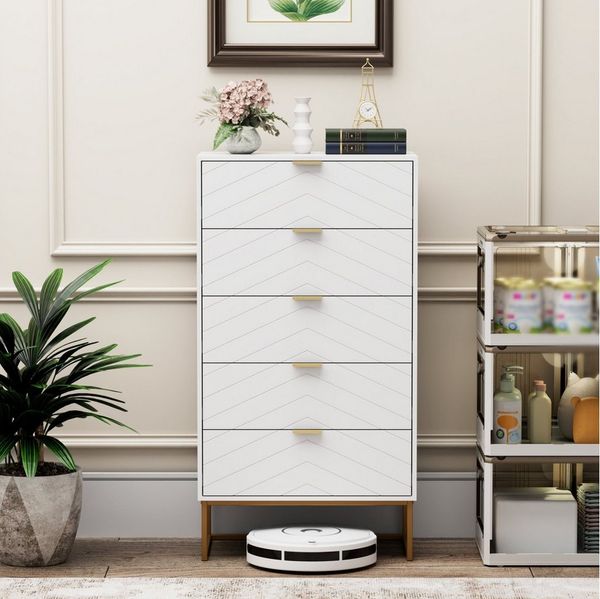 UEV Kommode mit 5 Schublanden, Sideboard, Schubladenschrank, Schmal kommode modern (60x34x110cm, Schrank für Wohnzimmer Schlafzimmer Flur Büro), mit Kippschutz Aufbewahrungskommode, Mehrzweckschrank aus Holz Bild 2
