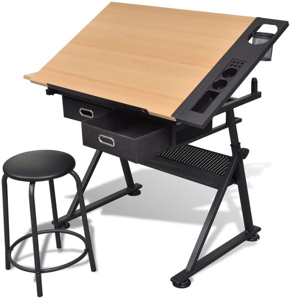vidaXL Zeichentisch mit neigbarer Tischplatte 2 Schubladen und Hocker 20087