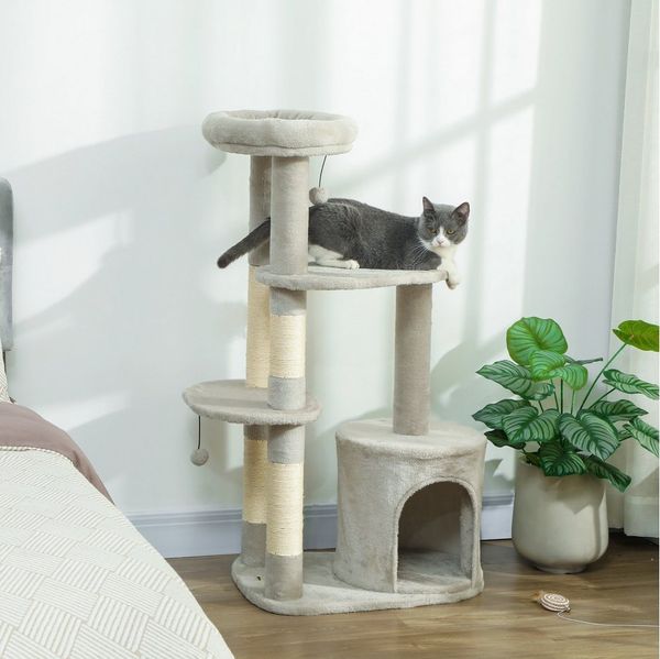PawHut Kratzbaum Plüsch, für Katzen unter 6 kg, Mit hängendem Ball, Sisal-Kratzsäulen, Hellgrau
