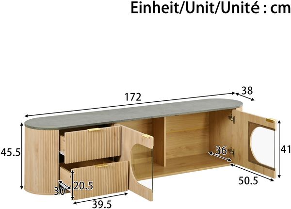 Merax TV-Schrank in Holzoptik, Schranktüren mit vertikalen 3D-Streifen, Ovaler Vitrinenschrank aus grauem Glas, Mehrzonen-Stauraum, Wohnzimmerschrank Bild 4
